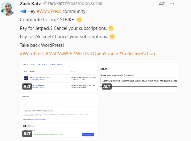 A Mastodon post from Zack Katz calling for a Collective Action Strike Against Automattic products.