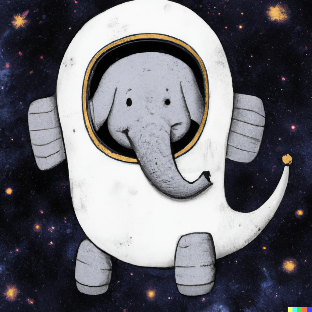 elephant in a space suit - Old Dalle AI image used over at SethGoldstein.me