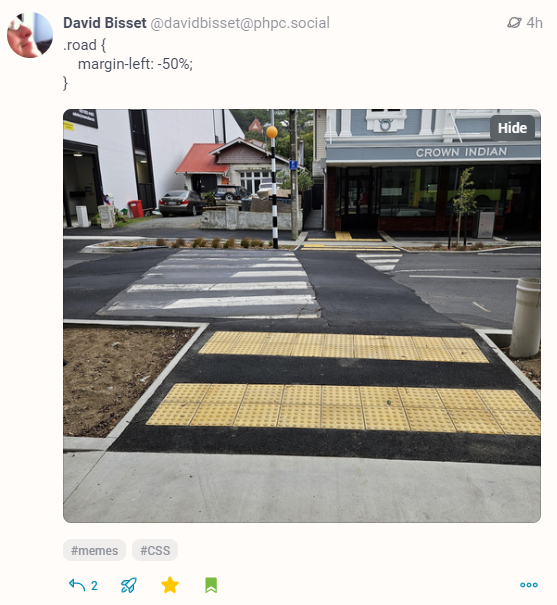 Funny Meme of a cross walk from David Bissett where it's not lined up. In the text it says .road { margin-left:-50% }