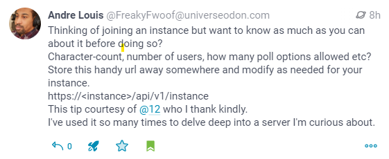 A trick posted on Mastodon from Andre Louis on how to find the right instance.