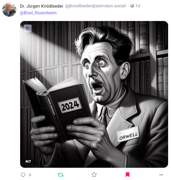 Picture/Graphic of George Orwell looking at a book that says 2024.