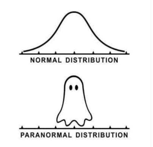 It's a clever visual pun contrasting a "Normal Distribution" with a "Paranormal Distribution."  - The top part shows a classic bell curve labeled "Normal Distribution." - Below it, a ghostly figure mirrors the same axis and ticks, labeled "Paranormal Distribution."