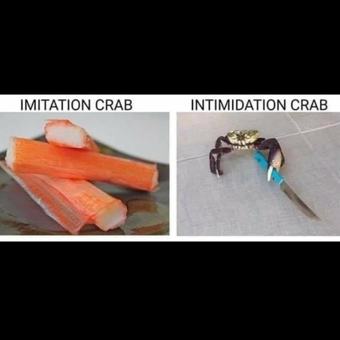 Left panel imitation crab sticks. Right panel Crab holding steak knife says Intimidation Crab.