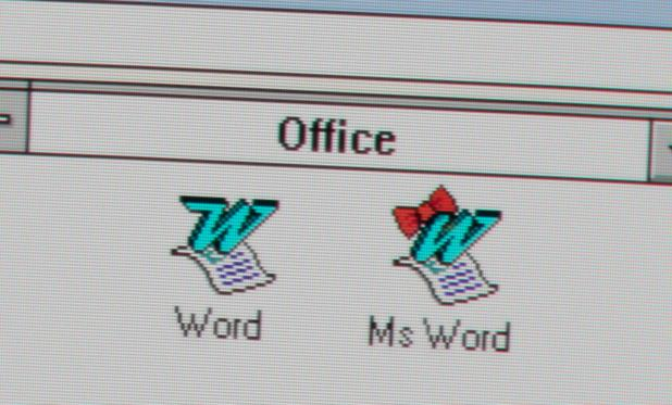 A picture of a screen showing two icons on windows, in a window titled “Office”. One of the icons is the Microsoft word icon labeled simply “Word” and the other is the same icon with a little red bow on it, labeled “Ms Word”.