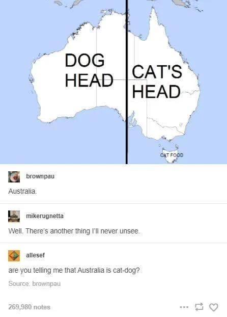 Image of Australia showing that the east side is a dogs head and the right side is a cat eating cat food.