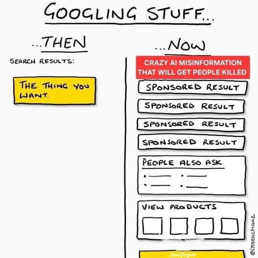 Cartoon showing the difference between search results in Google. Then and now. Now is so much more cluttered. Obviously.