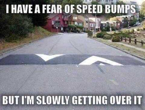 Meme that shows a speed bump: "I have a fear of speed bumps... But I'm slowly getting over it"