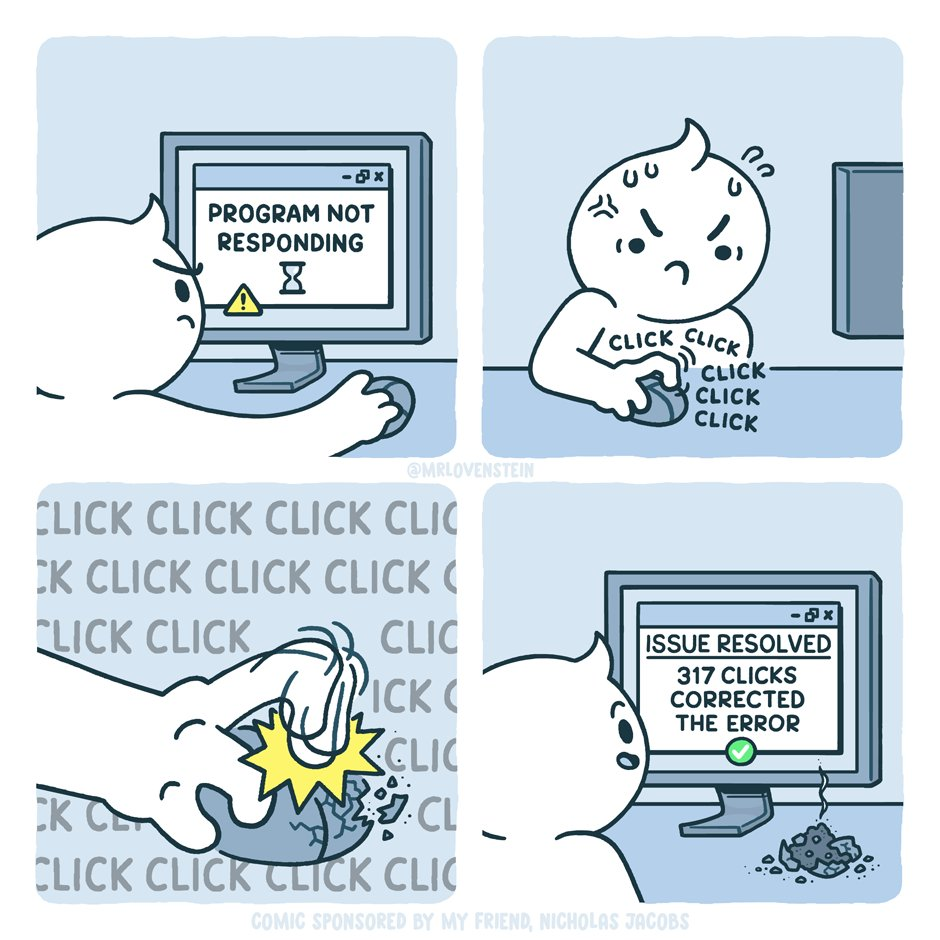 Comic that shows a person click on a mouse that connected to a computer that isn't responding. Last panel says "Issue Resolved 317 Clicks corrected the error." The mouse is a pile of dust.