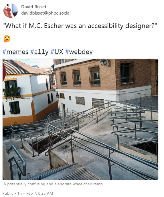 A picture of an absurd wheelchair ramp somewhere in Europe. Title of the post: "What if M.C. Escher was an accessibility designer?"