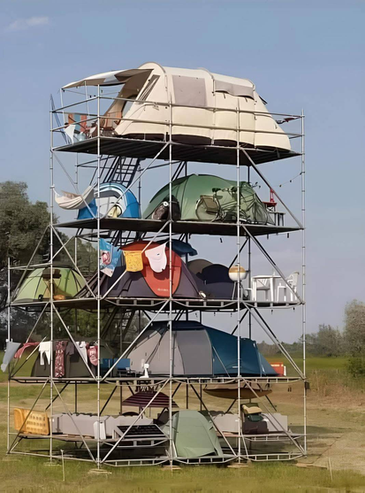 Tents on scaffolding.