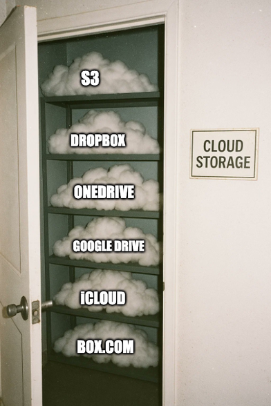 Closet with clouds on the shelves. The sign next to the door says Cloud Storage. Each shelf has a tech cloud name on it. S3, Dropbox, OneDrive, Google Drive, iCloud, Box.com.