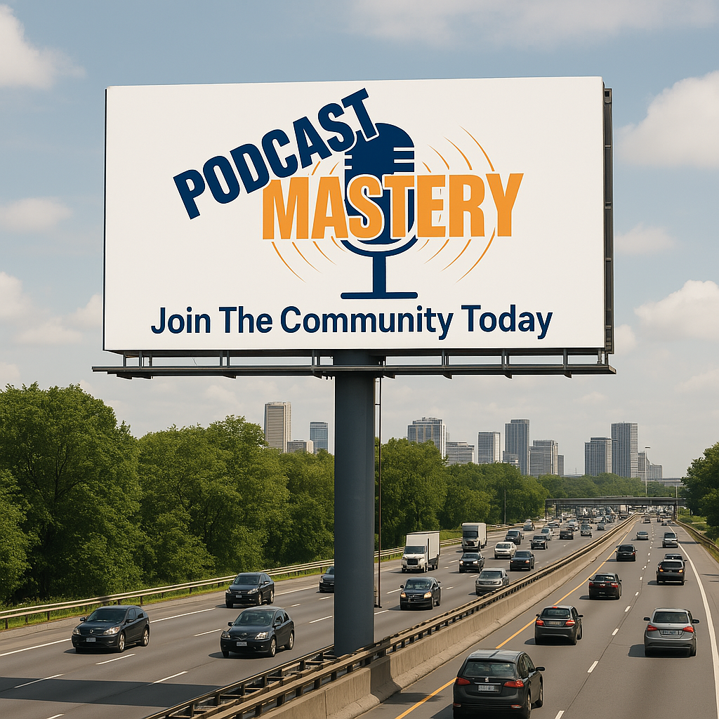 AI generated image: Billboard has Podcast Mastery Logo and says Join the Community Today. Billboard is in the divider of a highway.