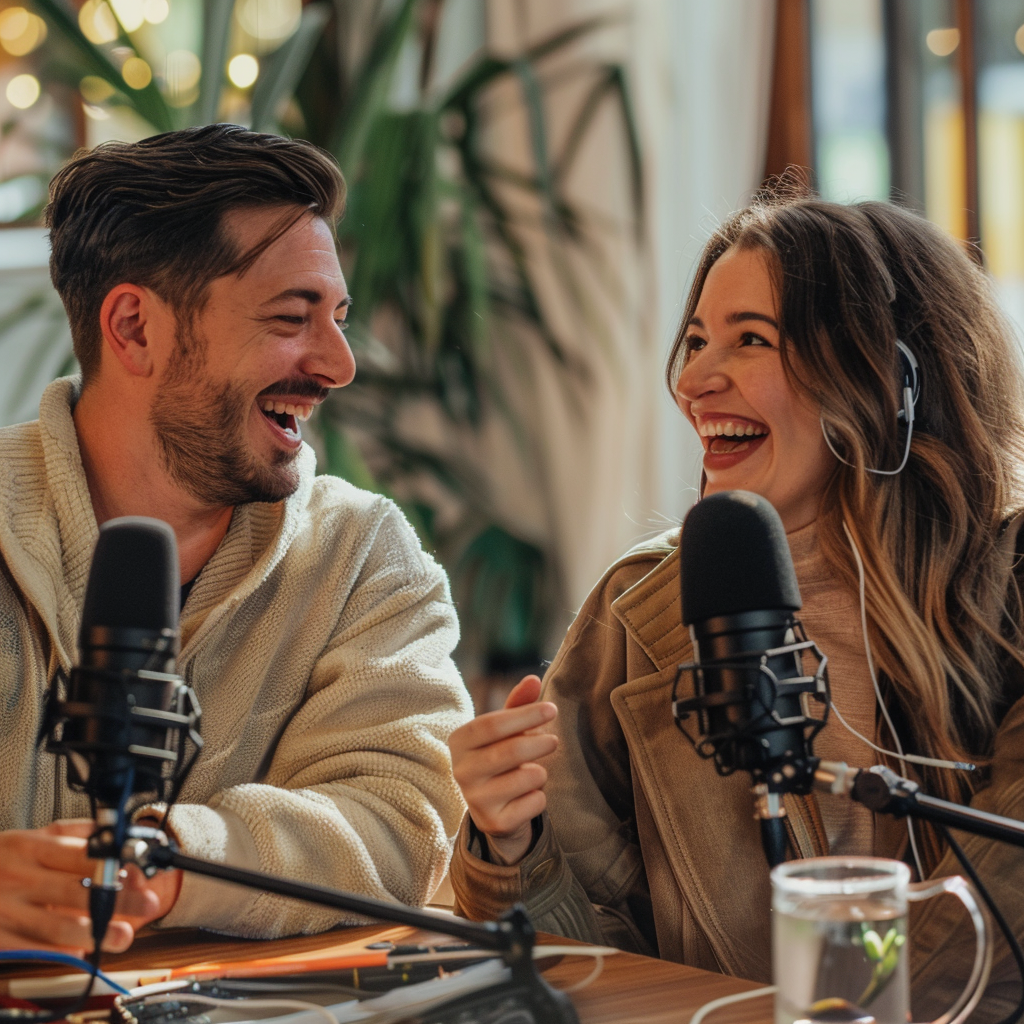  two people a man and a woman sitting at a table with two podcasting microphones smiling and having a great time talking