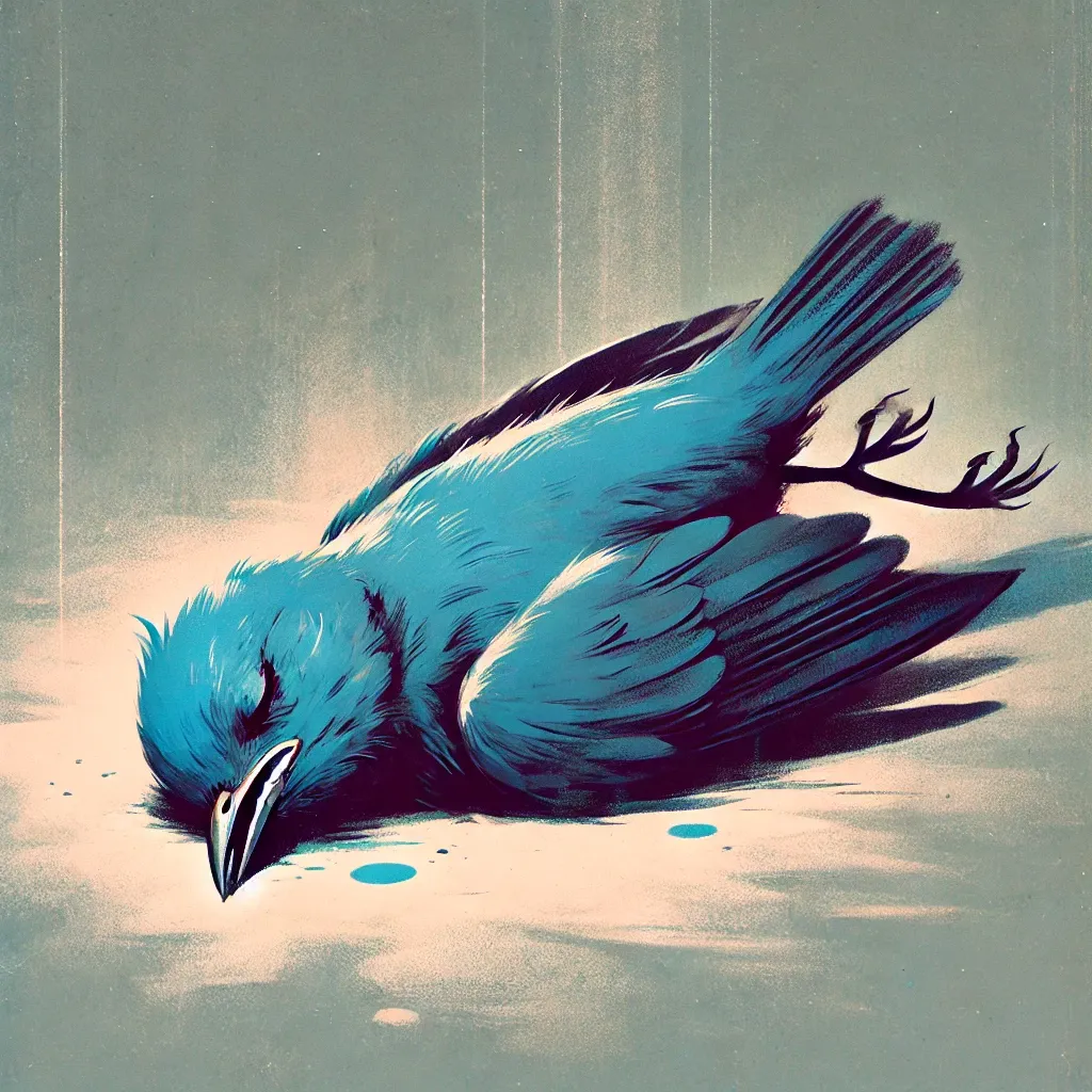 The depiction of a blue Twitter bird lying motionless, representing a deceased state. // Dalle 3