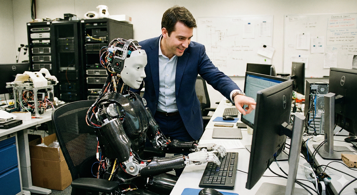 a picture of a robot at a computer working with a human in a suit managing it. 