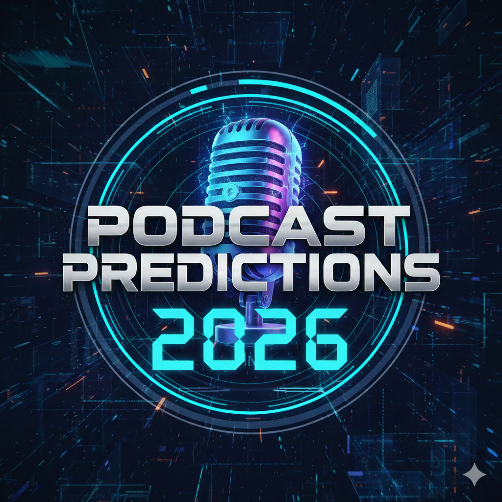 AI generated graphic says: Podcast Predictions 2026 in a futuristic tech look.
