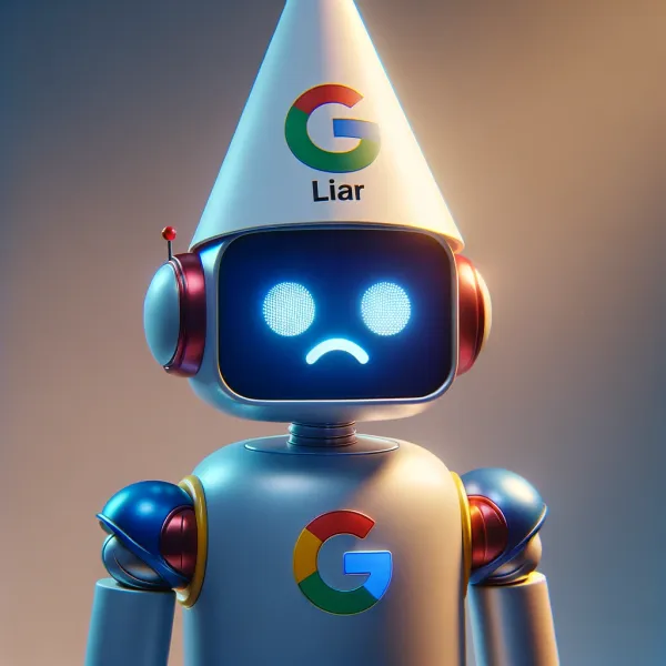 Google robot image from Dalle 3/ChatGPT 4o. Robot is sad. Has dunce cap on that has a Google G and liar below it!