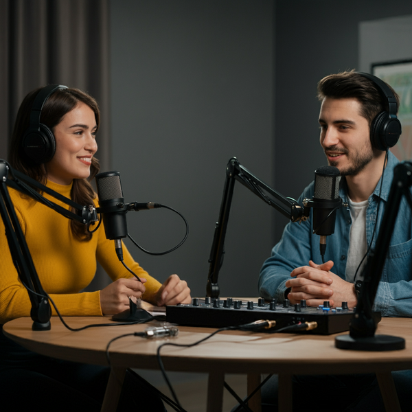 Output from Google's new Imagen 3 Image AI engine of two people podcasting in a studio.