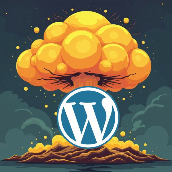 WordPress logo in front of Nuclear AI generated mushroom cloud.